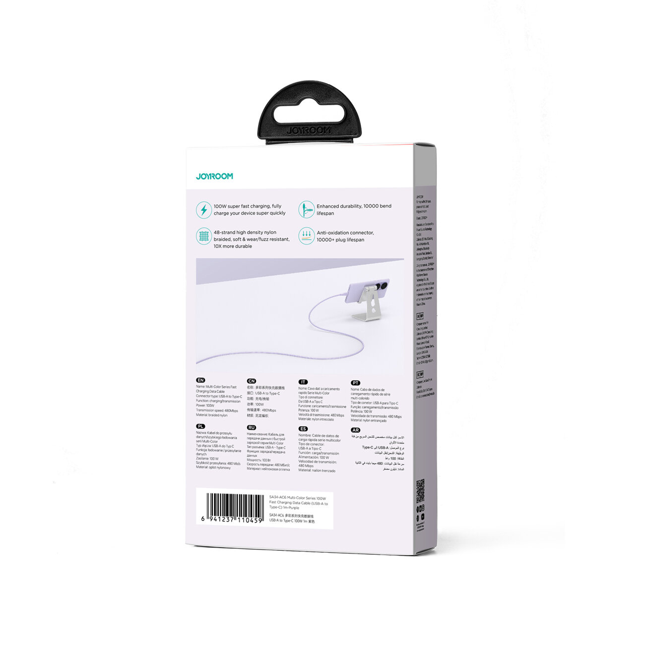 Joyroom Multi-Color Series SA34-AC6 USB-A / USB-C 100W cable 1m purple
