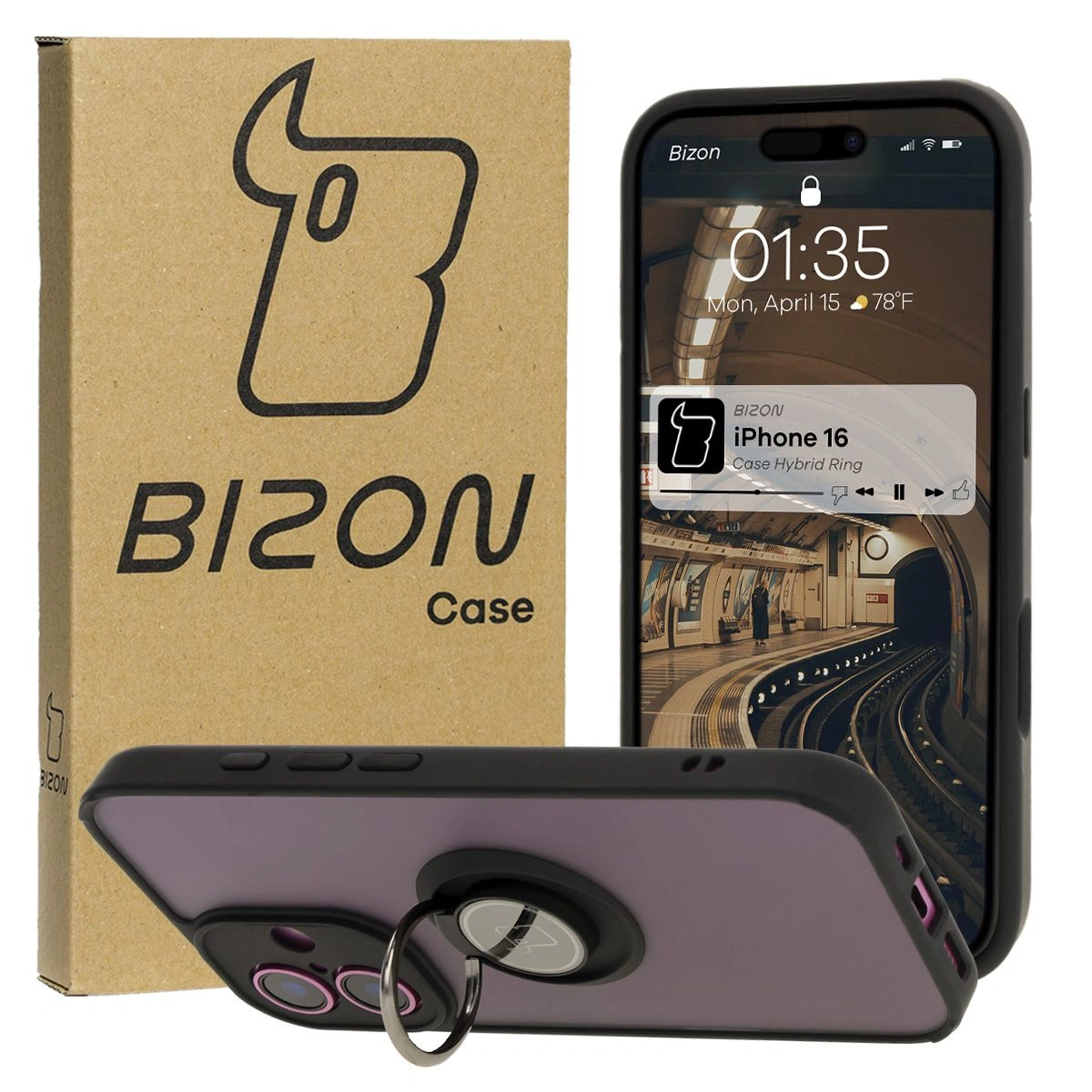 Bizon Case Hybrid Ring Apple iPhone 16 smoky with a black frame