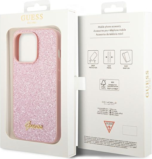 Guess GUHCP14XHGGSHP Apple iPhone 14 Pro Max pink hard case Glitter Script