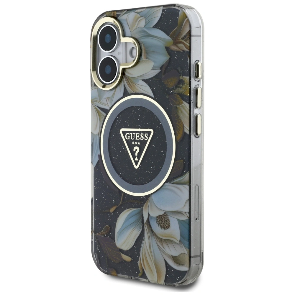 Guess Glitter Flowers Triangle Buttons MagSafe Apple iPhone 16 black