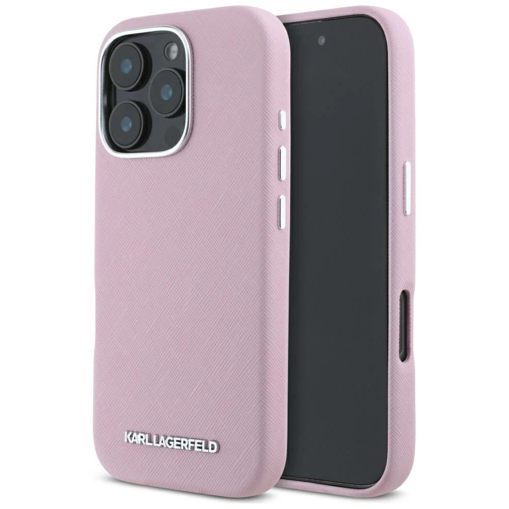 Karl Lagerfeld Saffiano Full Wrapped Elongated Metal Logo MagSafe Apple iPhone 16 Pro pink