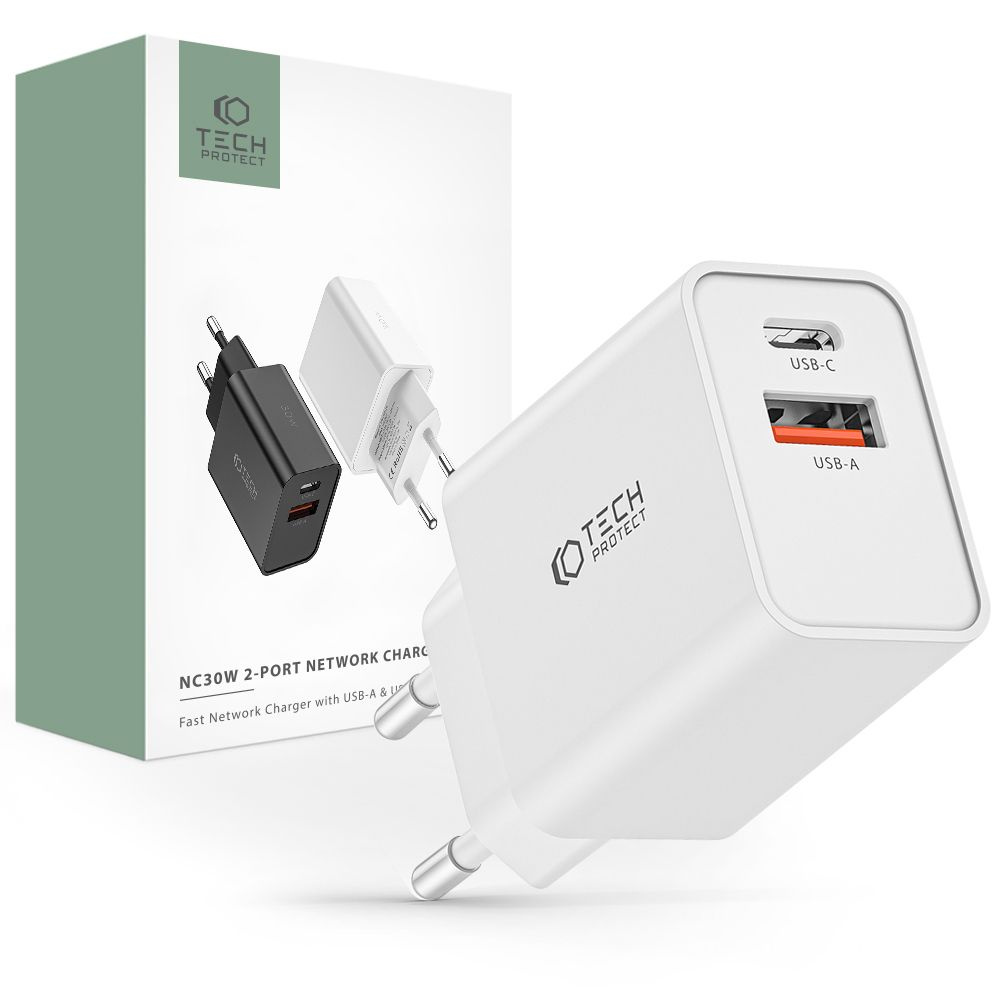 Tech-protect NC30W 2-port Network Charger PD 30W QC 3.0 White