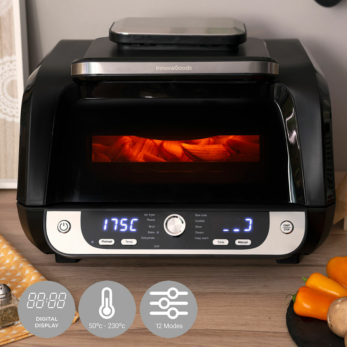 Oil-free Fryer with Grill, Accessories and Recipe Book InnovaGoods Air Fryer Fryinn 12-in-1 6000 Black Steel 6 L 3400 W Oil-free Fryer with Grill, Accessories and Recipe Book InnovaGoods Air Fryer Fryinn 12-in-1 6000 Black Steel 6 L 3400 W