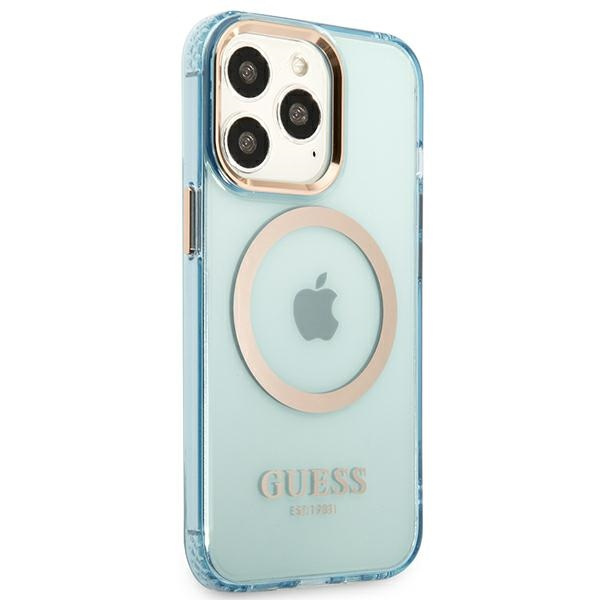 Guess GUHMP13LHTCMB Apple iPhone 13 Pro blue hard case Gold Outline Translucent MagSafe