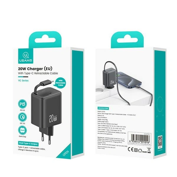 USAMS USB-C Wall Charger + Retractable USB-C Cable PD+QC 20W Gan Fast Charging Black YC Series