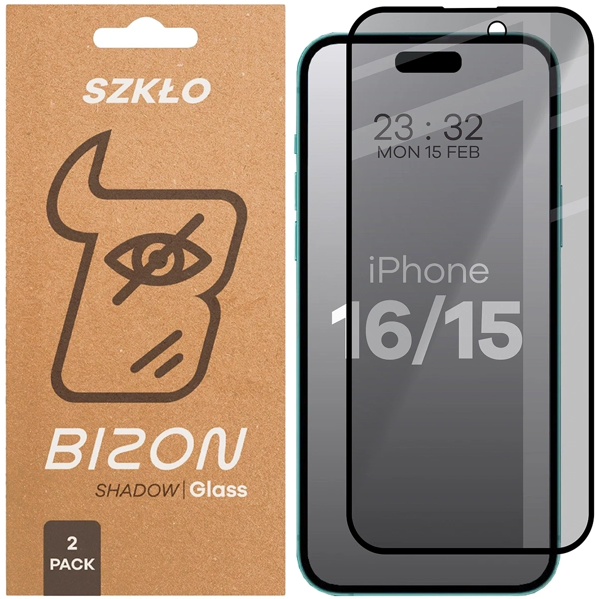 Prywatyzujące szkło hartowane Bizon Glass Edge Shadow Duo do do Apple iPhone 15 / 16 przyciemniane z czarną ramką [2 PACK]