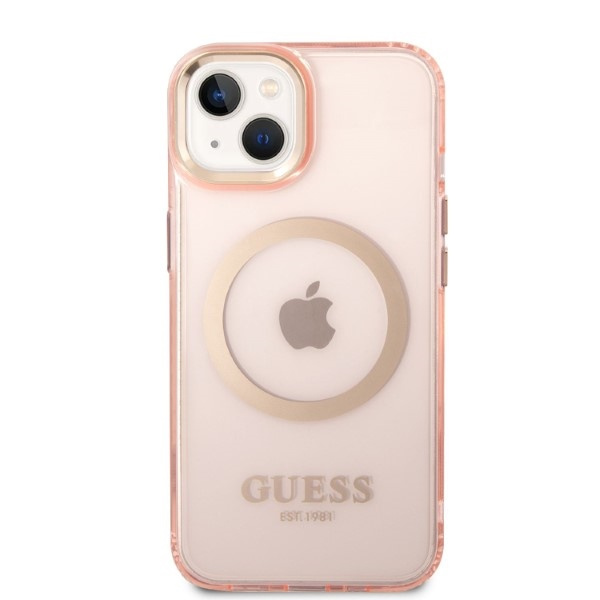 Guess GUHMP14SHTCMP Apple iPhone 14 pink hard case Gold Outline Translucent MagSafe