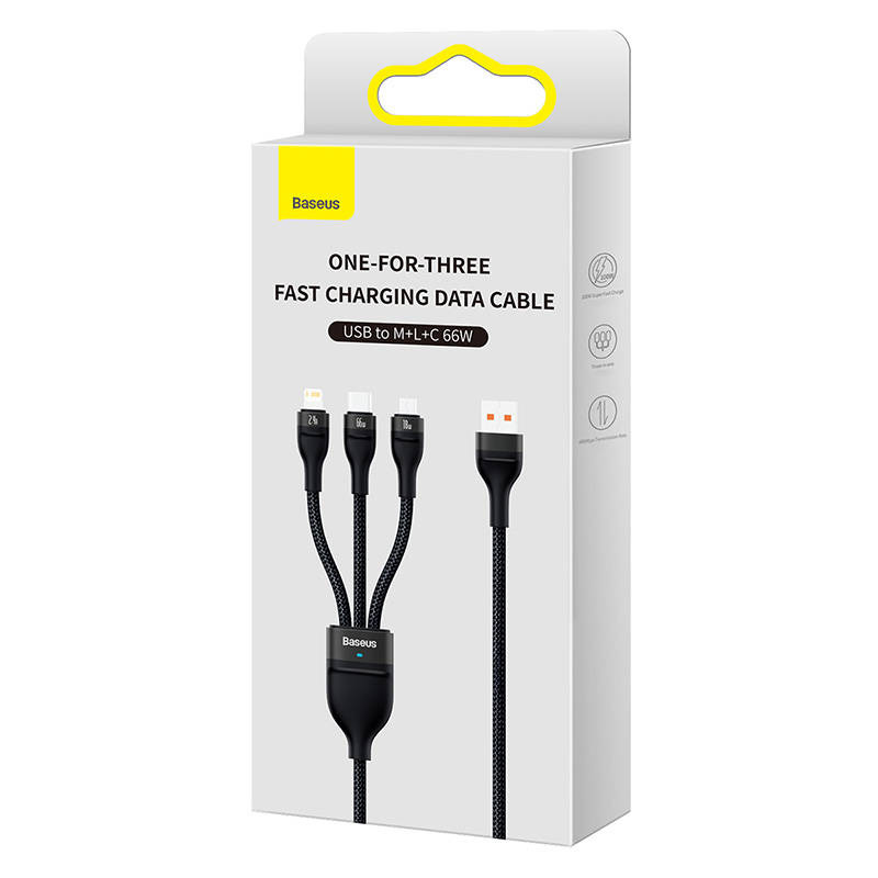 Baseus Flash II 3in 1 Cable, USB-USB-C/microUSB/Lightning, 66W, 1.2m (black)
