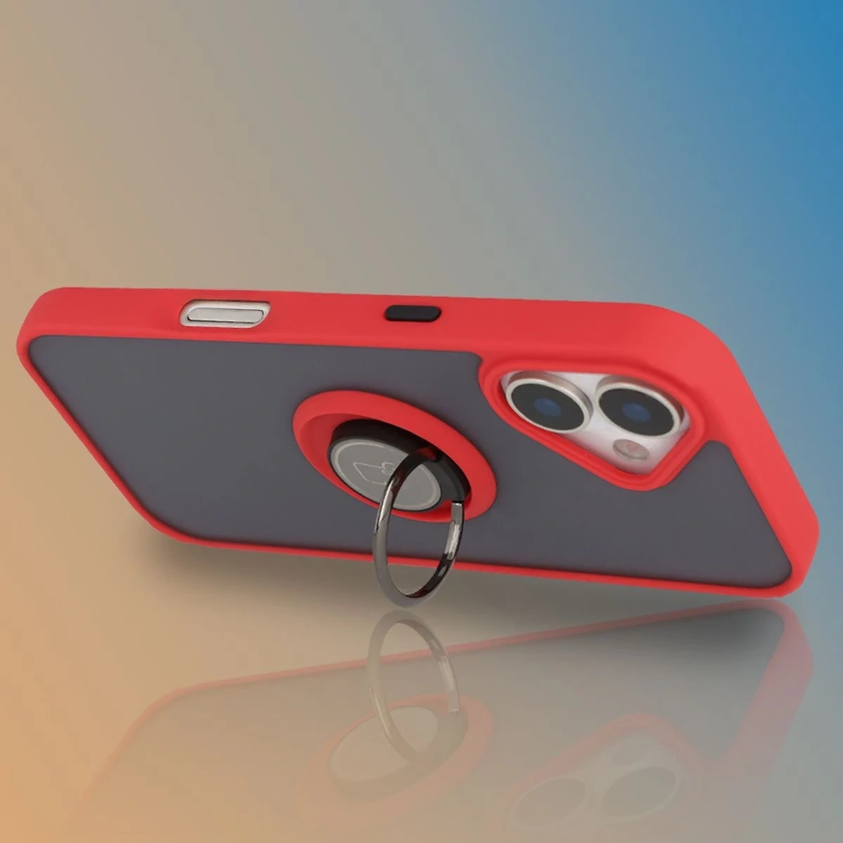 Etui z uchwytem na palec Bizon Case Hybrid Ring do Apple iPhone 17 przydymione z czerwoną ramką