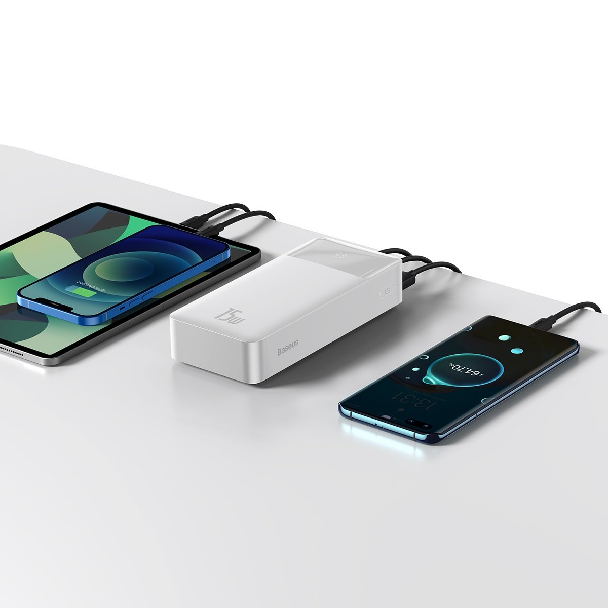 Powerbank Baseus Bipow Display 30000mAh 15W white (Overseas Edition) + USB/microUSB cable 0.25m white