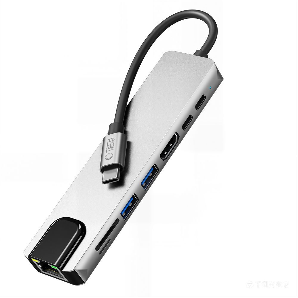 Adapter 8w1 Tech-Protect HB09 Hub Adapter 8in1 USB-C / 2xUSB-A 3.0, USB-C 3.0, USB-C PD 100W, HDMI 4K 60Hz, SD/TF, RJ45 1000Mb/s Space Grey