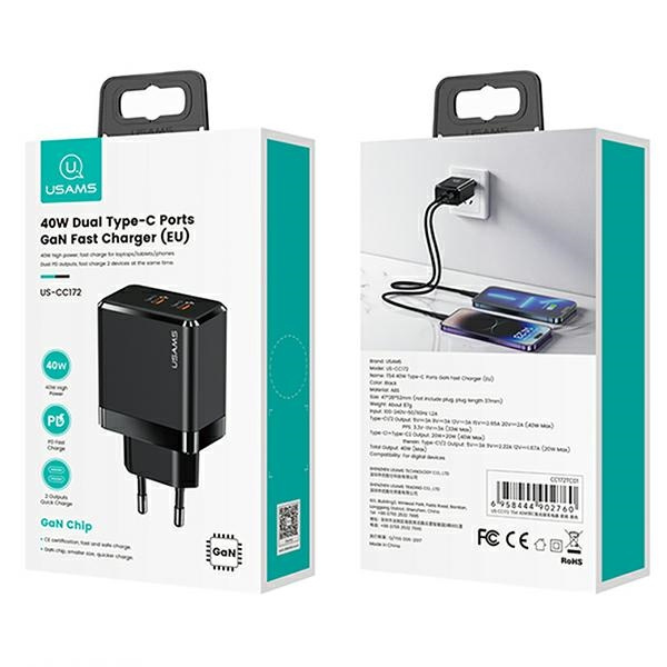 USAMS Wall Charger 2xUSB-C T54 40W (only head) PD Fast Charging black CC172TC01 (US-CC172)