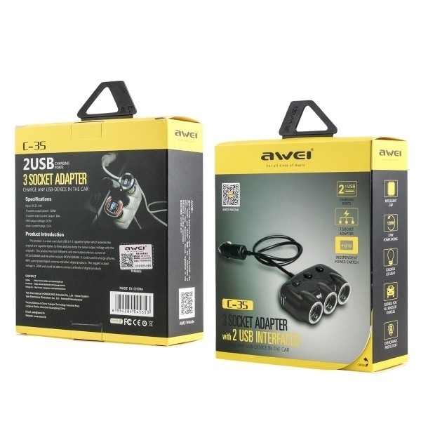 AWEI C-35 3x 12V + 2 USB Socket Cigarette Car Lighter Power Adapter black
