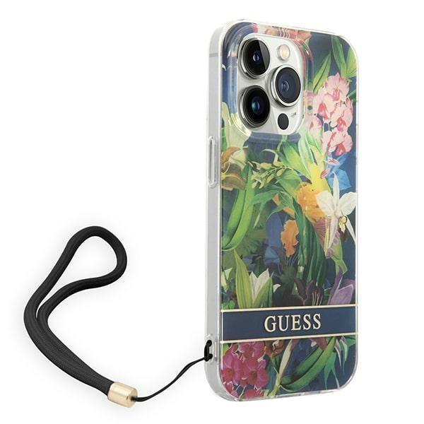 Guess GUOHCP14XHFLSB Apple iPhone 14 Pro Max blue hardcase Flower Strap