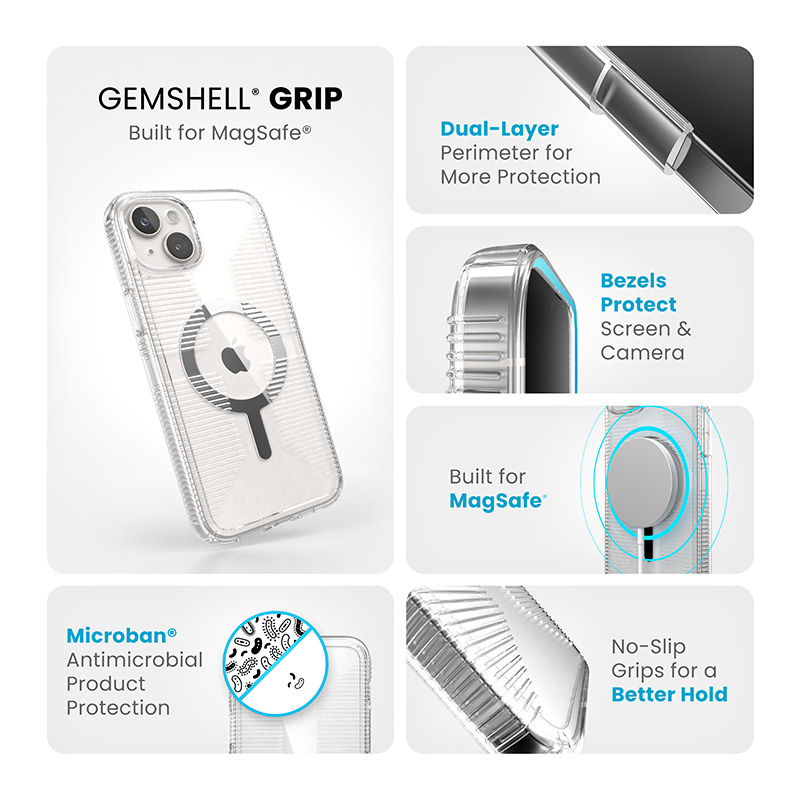 Speck Gemshell Grip MagSafe Apple iPhone 15 Plus (Clear/Chrome Finish)