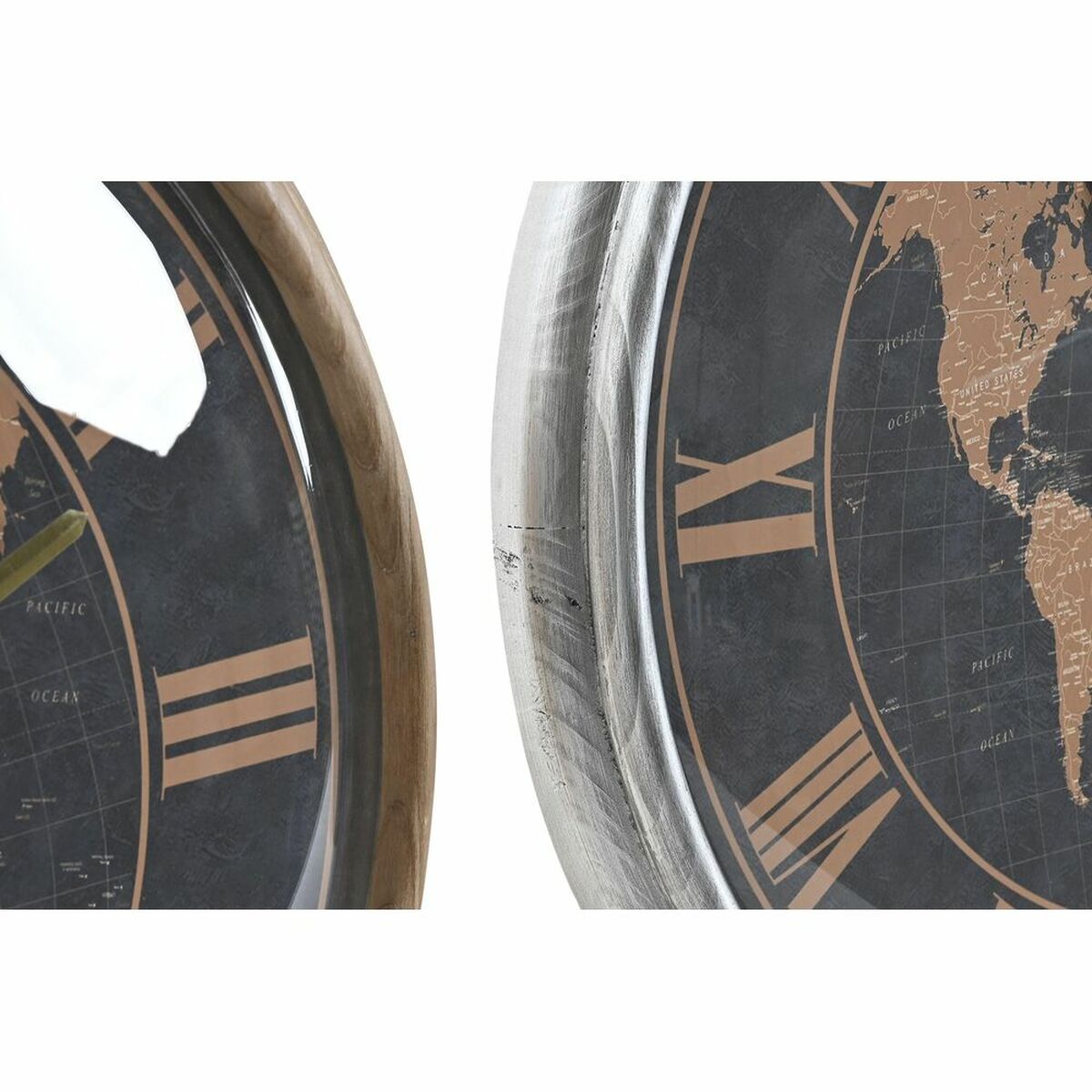 Wall Clock DKD Home Decor 46 x 6,5 x 46 cm Crystal Silver Black Golden Brown Iron World Map (2 Units)