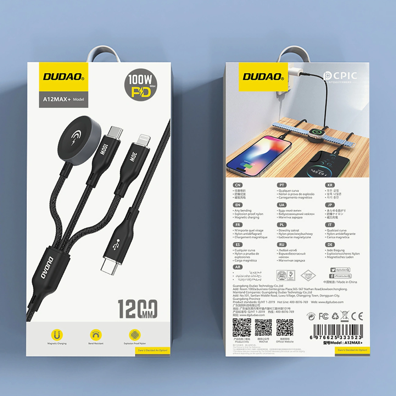 Kabel Dudao A12Max+ USB-C / USB-C PD 100W, Lightning PD 30W, ładowarka do Apple Watch 2.5W 1.2m czarny