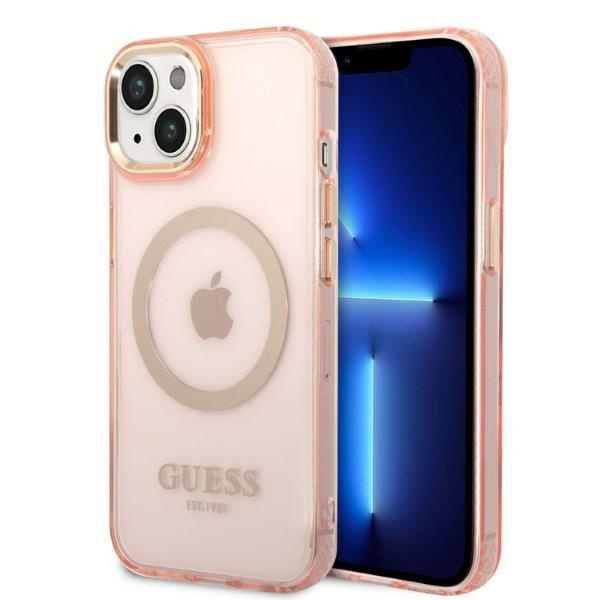 Guess GUHMP14SHTCMP Apple iPhone 14 pink hard case Gold Outline Translucent MagSafe