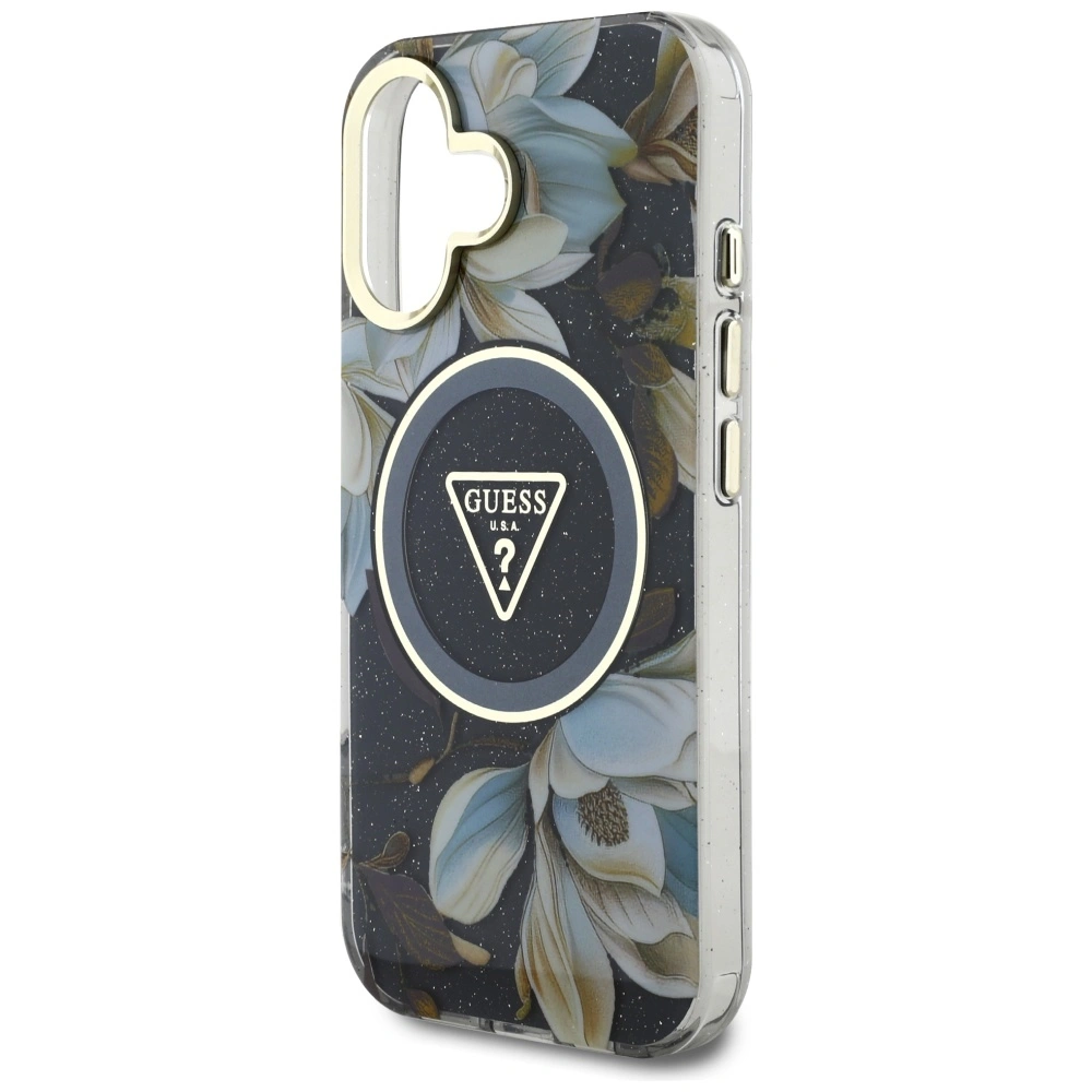 Guess Glitter Flowers Triangle Buttons MagSafe Apple iPhone 16 black