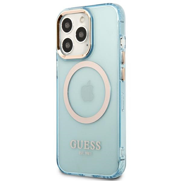 Guess GUHMP13LHTCMB Apple iPhone 13 Pro blue hard case Gold Outline Translucent MagSafe