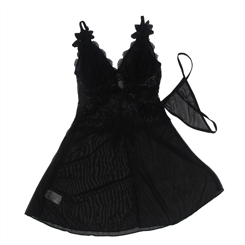 SUBBLIME - BABYDOLL TULLE FABRIC WITH LACE AND FLOWER DETAIL BLACK L/XL