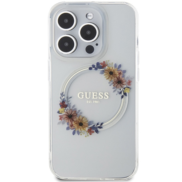 Guess GUHMP15XHFWFCT Apple iPhone 15 Pro Max hardcase IML Flowers Wreatch MagSafe transparent