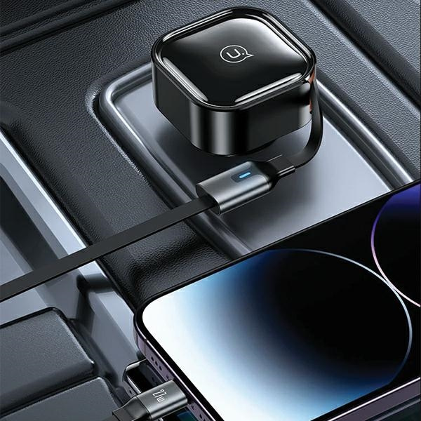 USAMS C41 2xUSB-C car charger with retractable cable PD 30W Fast Charge black