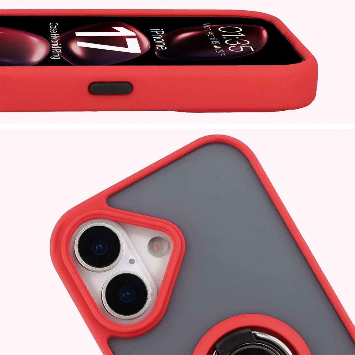 Etui z uchwytem na palec Bizon Case Hybrid Ring do Apple iPhone 17 przydymione z czerwoną ramką