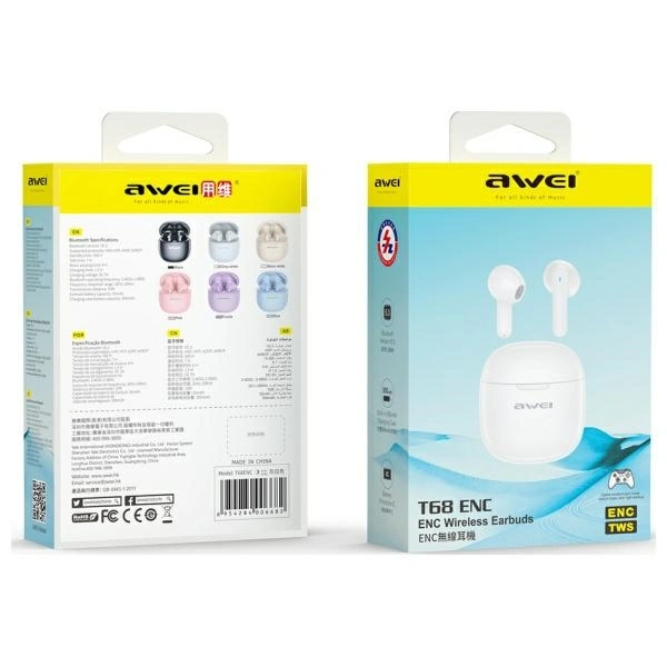 AWEI T68 Bluetooth 5.3 ENC TWS wireless in-ear headphones + docking station white