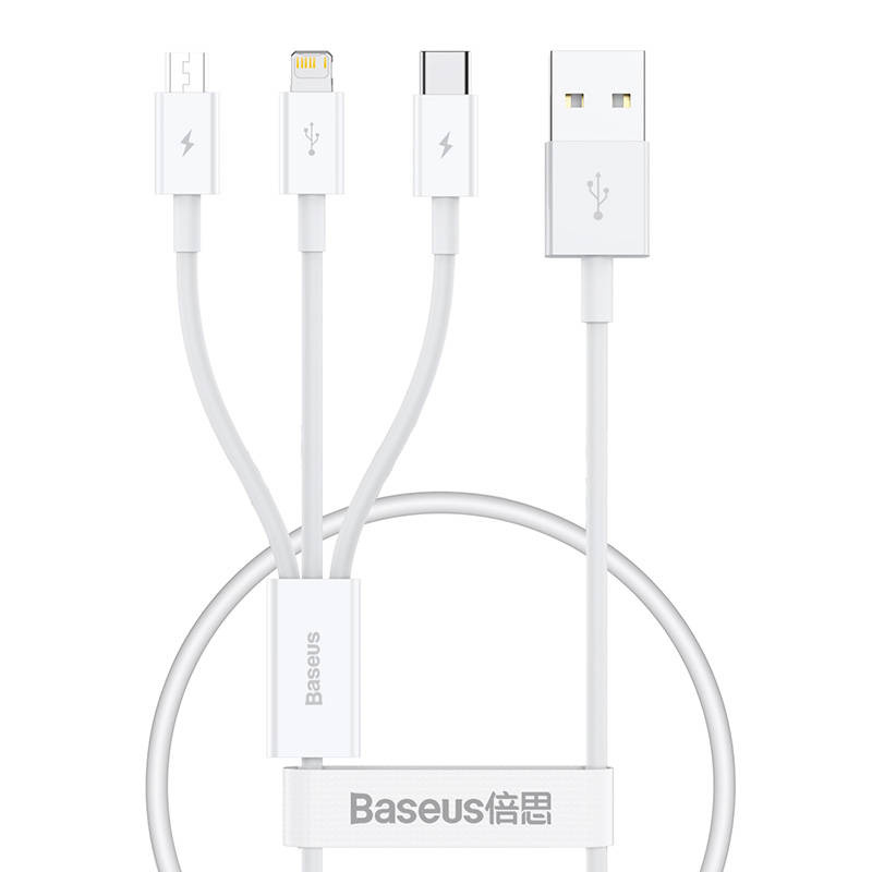 Baseus Superior Data USB-A/microUSB - Lightning - USB-C Cable 3.5A 0.5m (White)