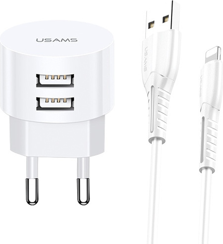 USAMS Wall Charger 2xUSB T20 2,1A lightnin g white round Fast Charging  XTXLOGT1804