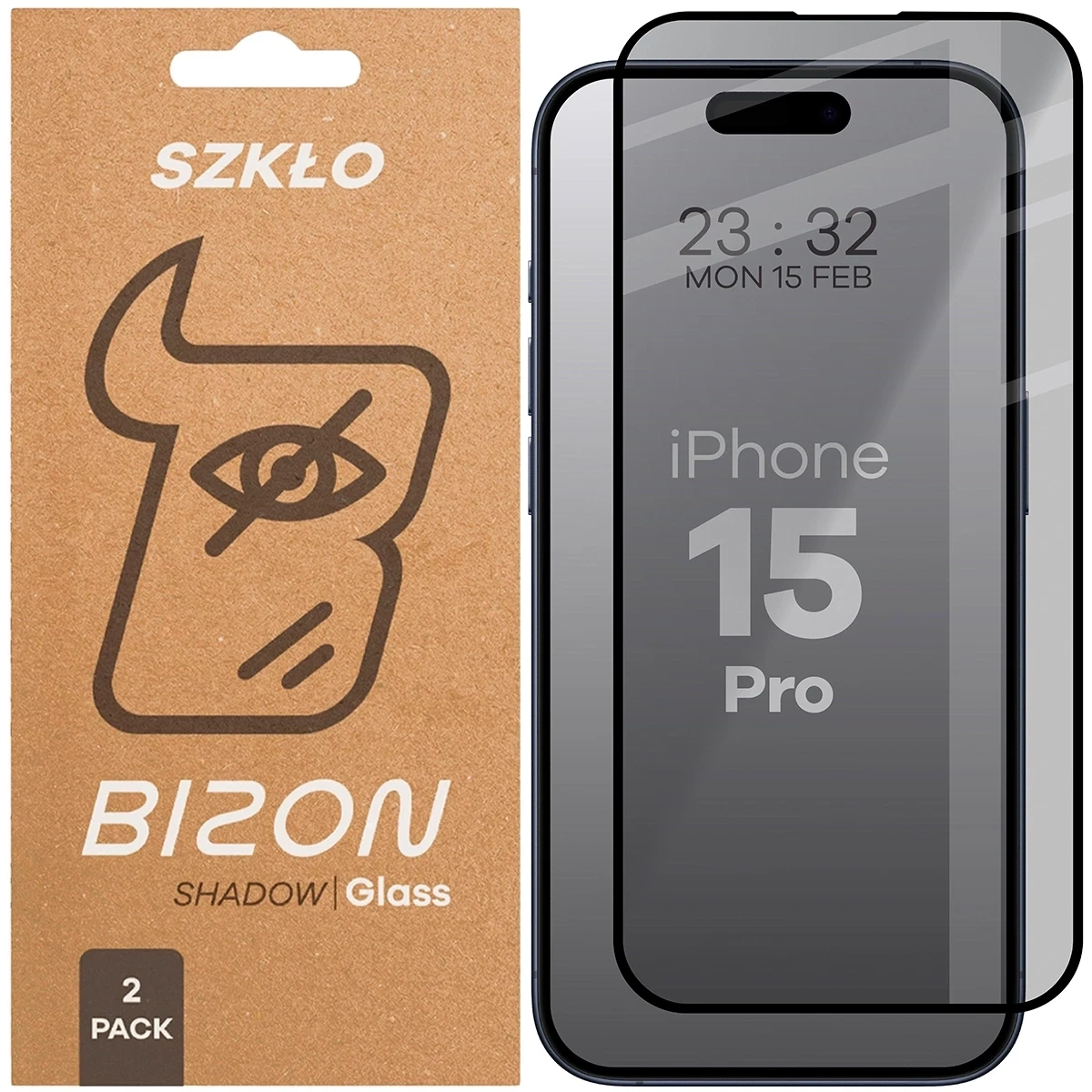 Prywatyzujące szkło hartowane Bizon Glass Edge Shadow Duo do Apple iPhone 15 Pro przyciemniane z czarną ramką [2 PACK]
