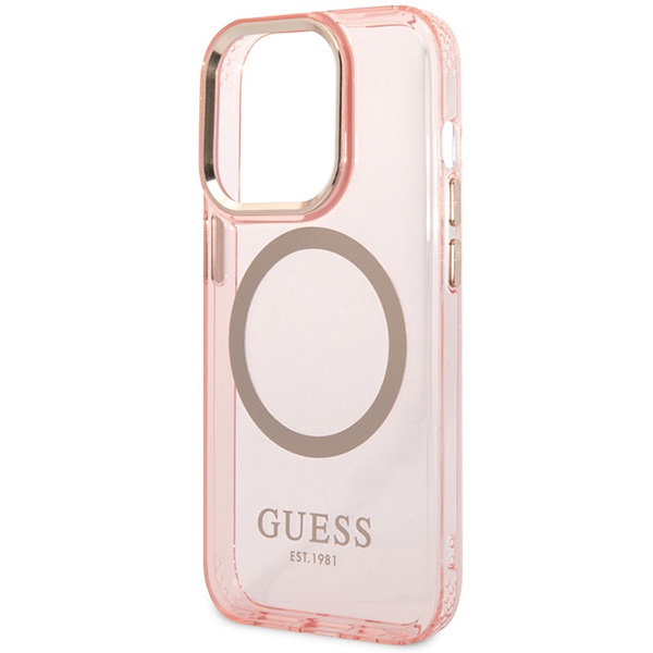 Guess GUHMP14XHTCMP Apple iPhone 14 Pro Max pink hard case Gold Outline Translucent MagSafe