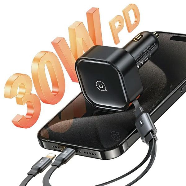 USAMS C41 2xUSB-C car charger with retractable cable PD 30W Fast Charge black