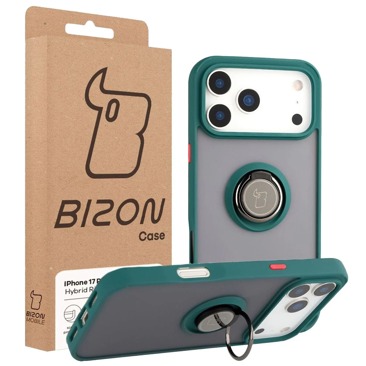 Etui z uchwytem na palec Bizon Case Hybrid Ring do Apple iPhone 17 Pro Max przydymione z ciemnozieloną ramką