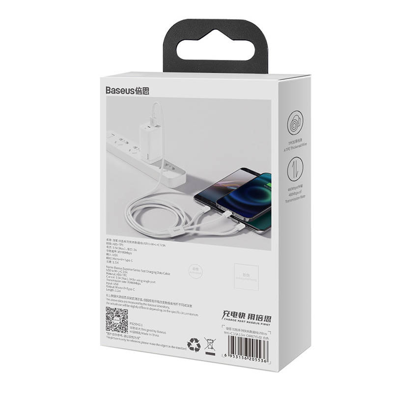 Baseus Superior Data USB-A/microUSB - Lightning - USB-C Cable 3.5A 1m (White)