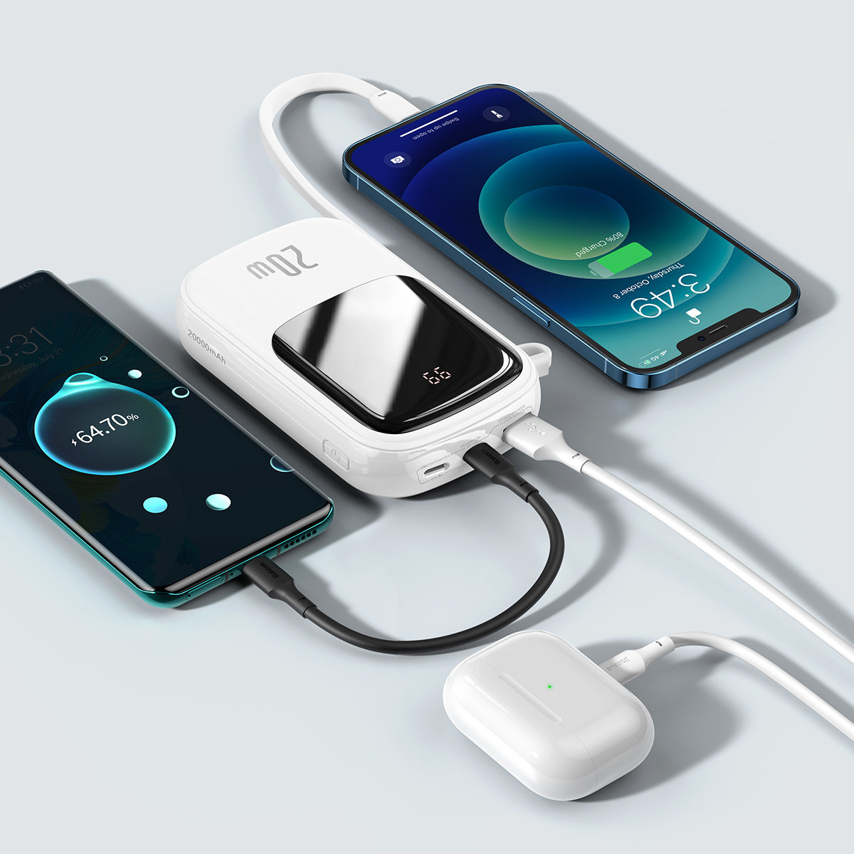 Baseus Qpow Digital Display Power Bank with Fast Charging 20000mAh 20W QC/PD/SCP/FCP with Built-in Lightning Cable White
