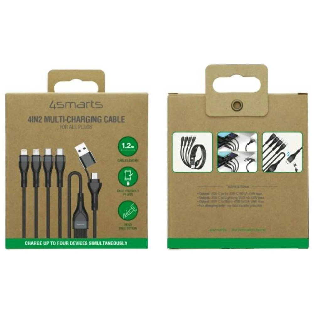 Kabel USB-C, USB-A / 2xUSB-C, Micro-USB, Lightning 4smarts 4w1 1.2m czarny