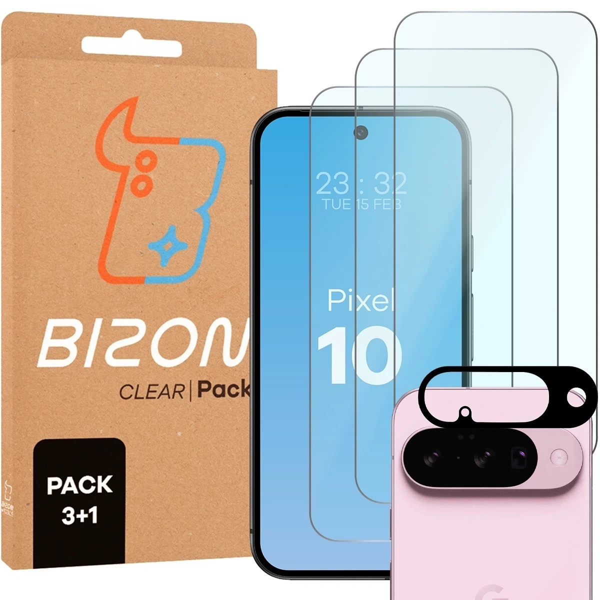 3x Szkło na ekran + szkło na aparat Bizon Glass Clear Pack do Google Pixel 10