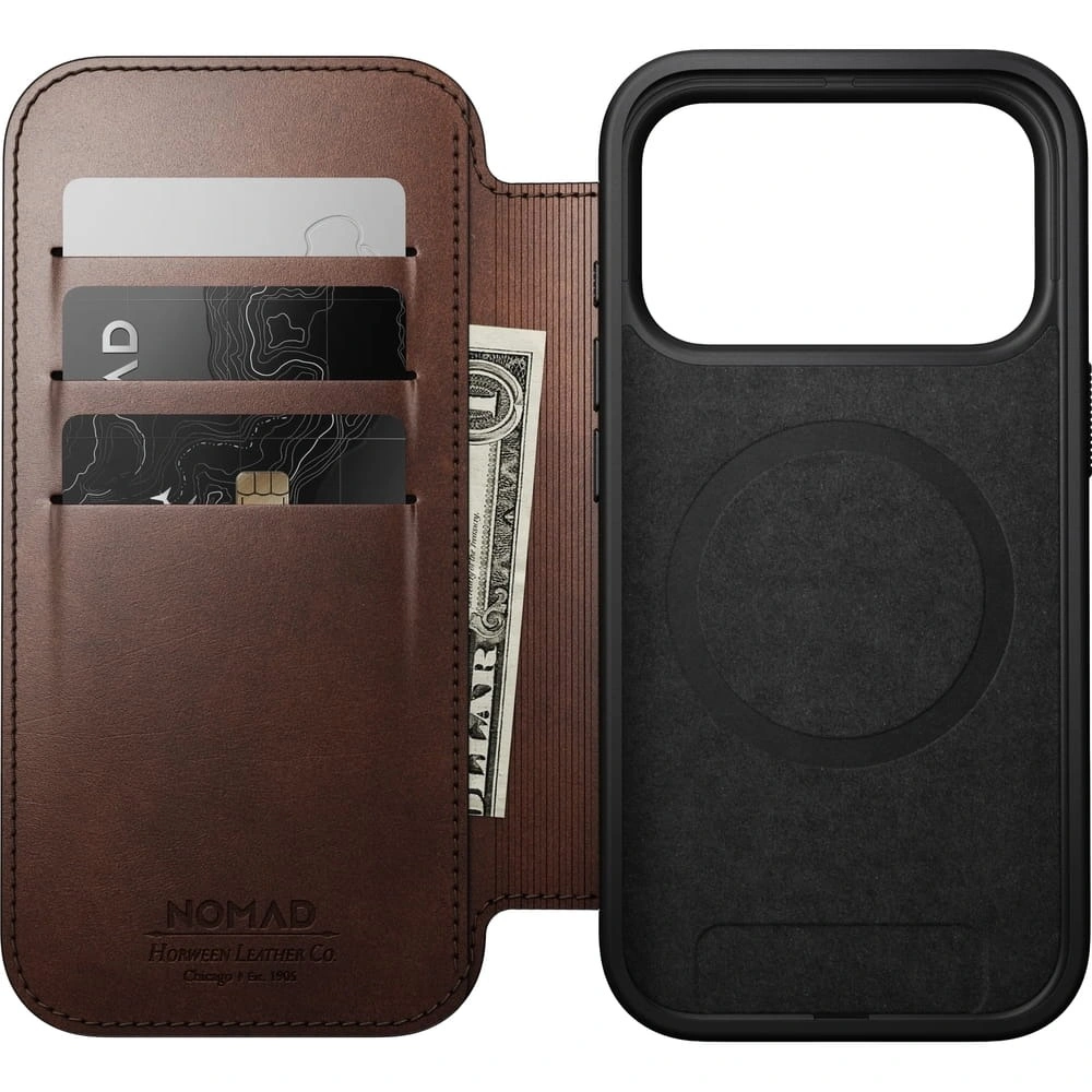Skórzane etui NOMAD Modern Leather Folio do Apple iPhone 17 Pro Max kompatybilne z MagSafe, skóra Horween (rustic brown)