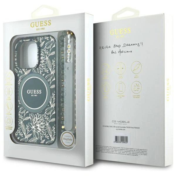 Guess GUHMP16XHCPOFPA Apple iPhone 16 Pro Max hardcase IML Flowers Allover Electro With Pearl Strap MagSafe green