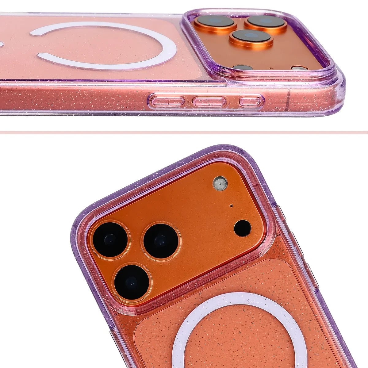 Etui brokatowe z pierścieniem magnetycznym Bizon Case SparklO do Apple iPhone 17 Pro Max, przezroczysto-fioletowe z brokatem