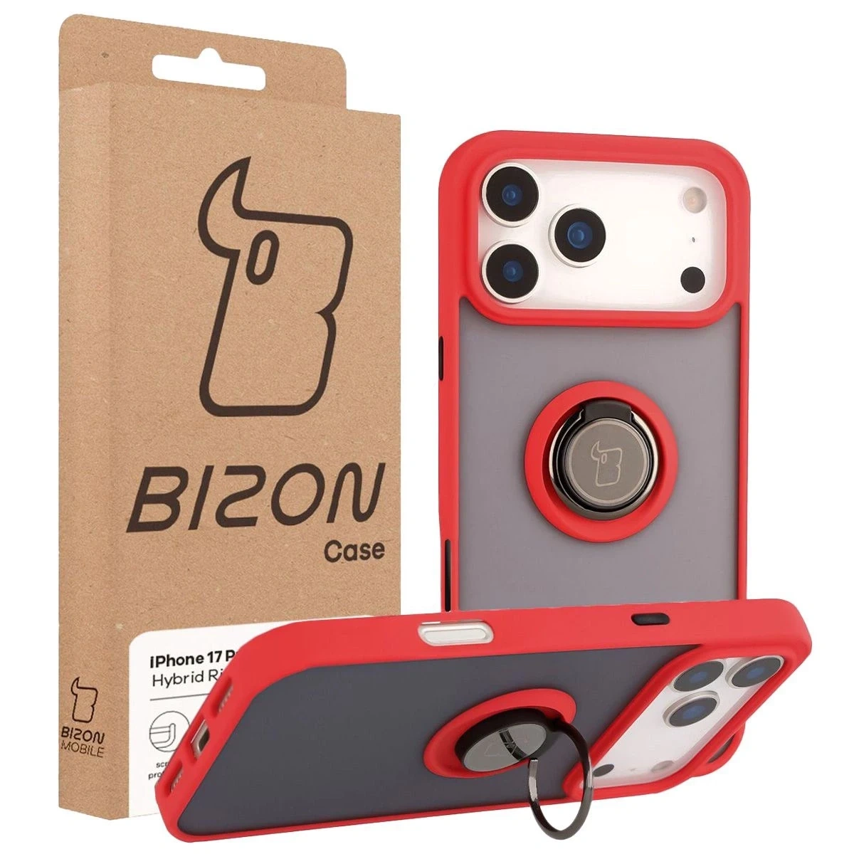 Etui z uchwytem na palec Bizon Case Hybrid Ring do Apple iPhone 17 Pro Max przydymione z czerwoną ramką
