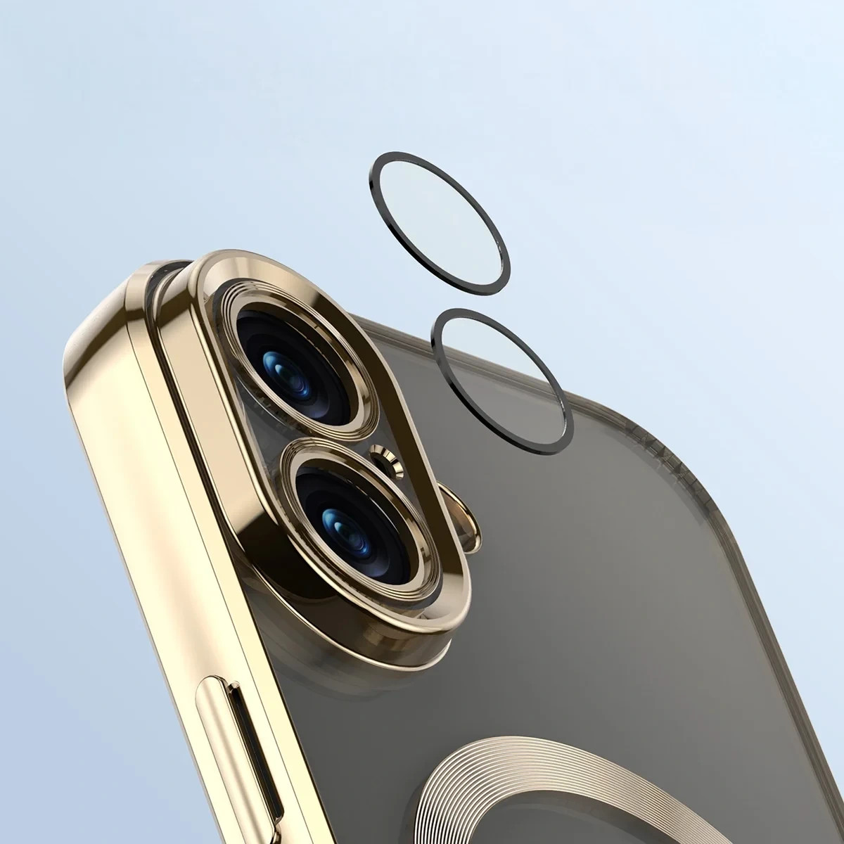 Etui z ochroną aparatu i pierścieniem magnetycznym Bizon Case GuardO do Apple iPhone 17, przezroczysto-złote