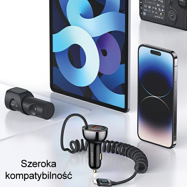USAMS US-CC193 car charger 1xUSB-A 18W+1xUSB-C 30W + cable Ligtning 30W PD+QC Fast Charge black