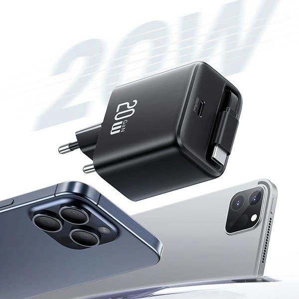 USAMS USB-C Wall Charger + retractable USB-C PD+QC 20W Gan Fast Charging white YC Series