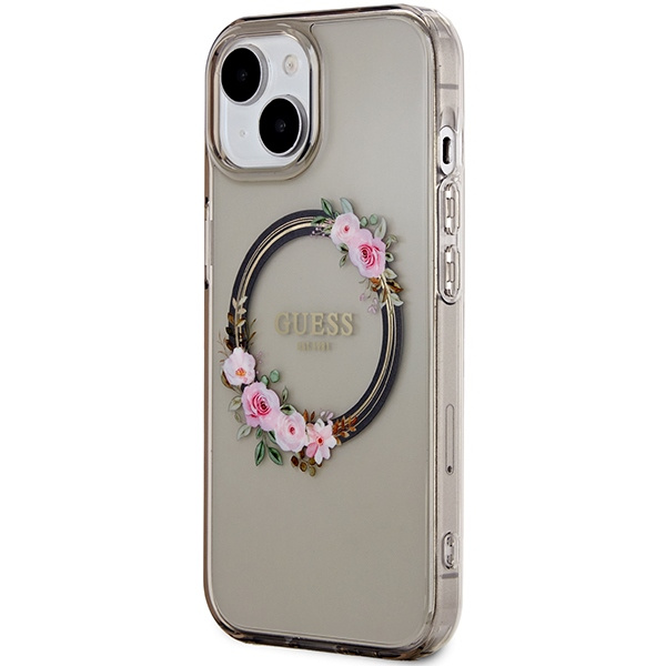 Guess GUHMP15SHFWFCK Apple iPhone 15 / 14 / 13 hardcase IML Flowers Wreatch MagSafe black