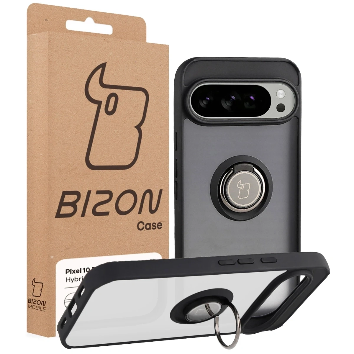 Etui z uchwytem na palec Bizon Case Hybrid Ring do Google Pixel 10 Pro XL przydymione z czarną ramką