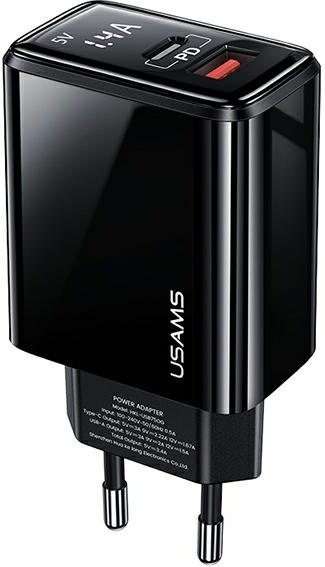 USAMS Wall Charger 1xUSB-C+1xUSB T40 20W LED PD3.0 +QC3.0 Fast Charging black CC133TC01 (US-CC133)