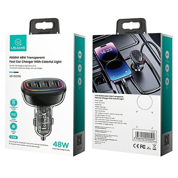 USAMS Car Charger 1xUSB-C 3xUSB-A C34 48W 3A+C PD black CC170CC01 (US-CC170)